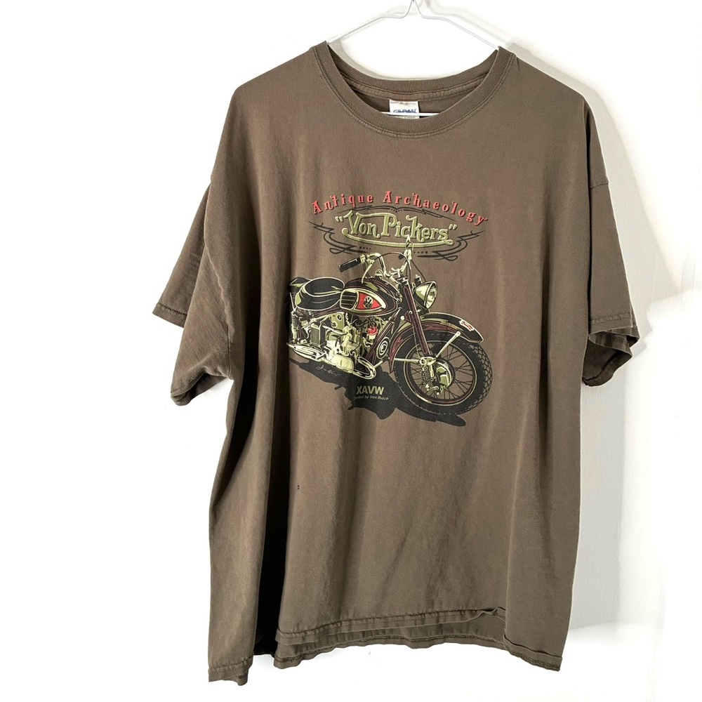 Gildan Von Dutch Olive Brown Motorcycle Graphic Crew Neck Tee